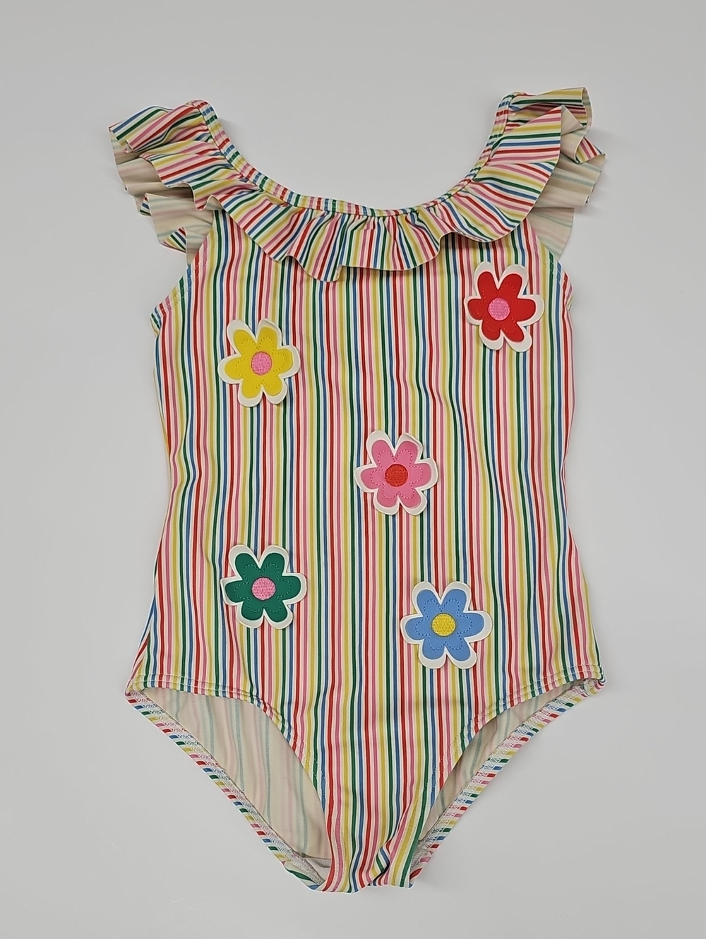 Mini Boden Multicolor Striped Ruffle One-Piece Swimsuit with Flower Appliques